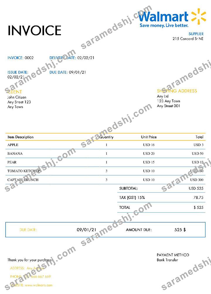 USA Walmart invoice template